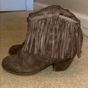 Rock and Candy Brown Distressed Suede Fringe Ankle Boots